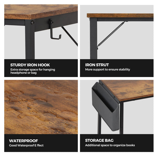 Panana Simple Computer Desk with Storage Bag and Headphone Hook, Modern Small Study Writing Table Home Office Desk PC Laptop Desk for Home Workstation (Rustic Brown, 100 x 50 x 75 cm)